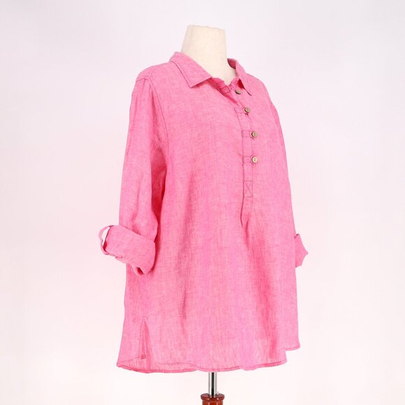 SIGRID OLSEN 100% Linen Half-Button Roll Tab Sleeve Shirt Blouse Pink Size 2X - Picture 2 of 7